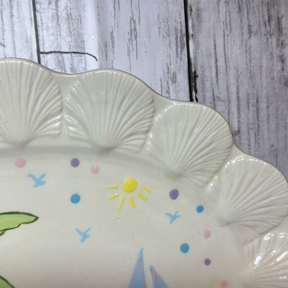 Ceramic Plate Palm Trees Fish Tropical Scene Shells On Edges Fishline - Picture 4 of 8